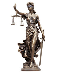 Bronze statue of Lady Justice holding scales and sword, isolated on white background
