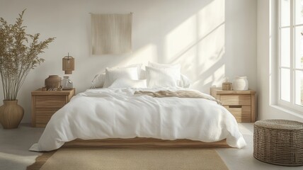 Modern Scandinavian Bedroom with Soft Textures and White Walls for a Serene and Inviting Atmosphere