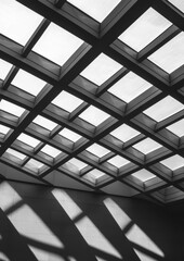 Black and white photograph of a modern ceiling with a geometric pattern. the ceiling is made up of multiple square-shaped panels arranged in a grid-like design, creating a lattice-like structure.