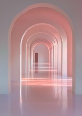 Obraz premium Long, arched corridor with a pink and white color scheme. the corridor is made up of three arches, each with a different color - pink, white, and light pink.