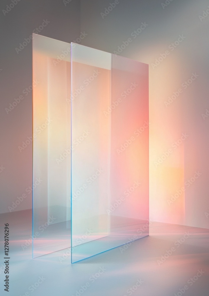 Poster 3d rendering of a rectangular glass panel in an empty room. the panel is made up of three panels, ea
