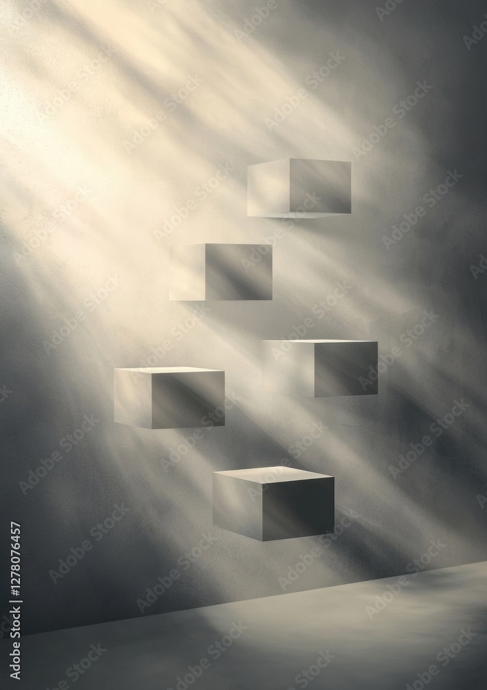 Poster group of six white cubes arranged in a vertical line on a gray wall. the cubes are of different size