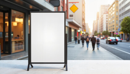 A vertical outdoor banner mockup displayed on a sidewalk in a bustling urban environment. The blank banner is framed by modern architecture and pedestrians