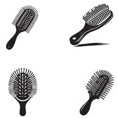 "High-Quality Hairbrush Vector Illustrations Black Silhouette Isolated on White Background"