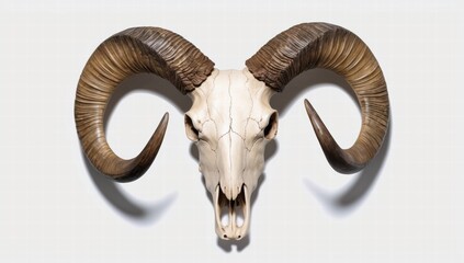 The skull of a ram with large, curved horns against a stark white background, emphasizing the intricate details of bone structure and horn texture, capturing the essence of mortality, strength