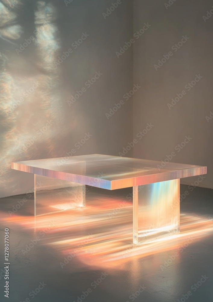 Poster modern dining table with a rectangular glass top and a transparent base. the table is placed in a ro