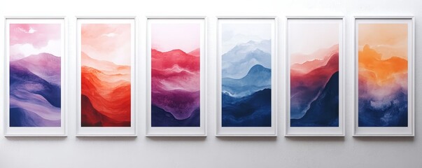 six framed watercolor paintings of misty mountains in various colors, hung in a row on a wall.