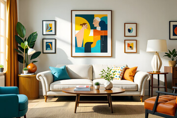 Timeless Elegance: A 1950s Sofa Paired with Contemporary Art and Modern Furniture
