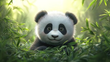 Obraz premium Adorable panda cub playing with bamboo in a lush habitat 