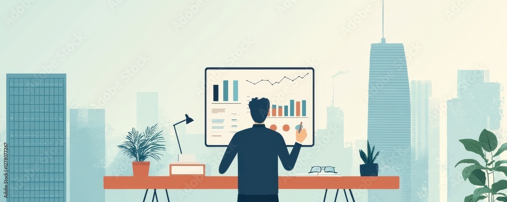 Poster a professional analyzing data on a modern office computer.