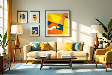 Timeless Elegance: A 1950s Sofa Paired with Contemporary Art and Modern Furniture
