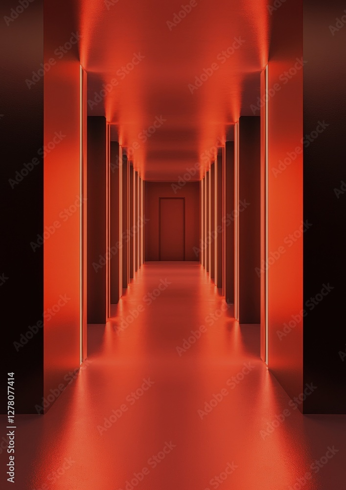 Poster long, narrow corridor with a red light at the end. the corridor is lined with tall, rectangular pill