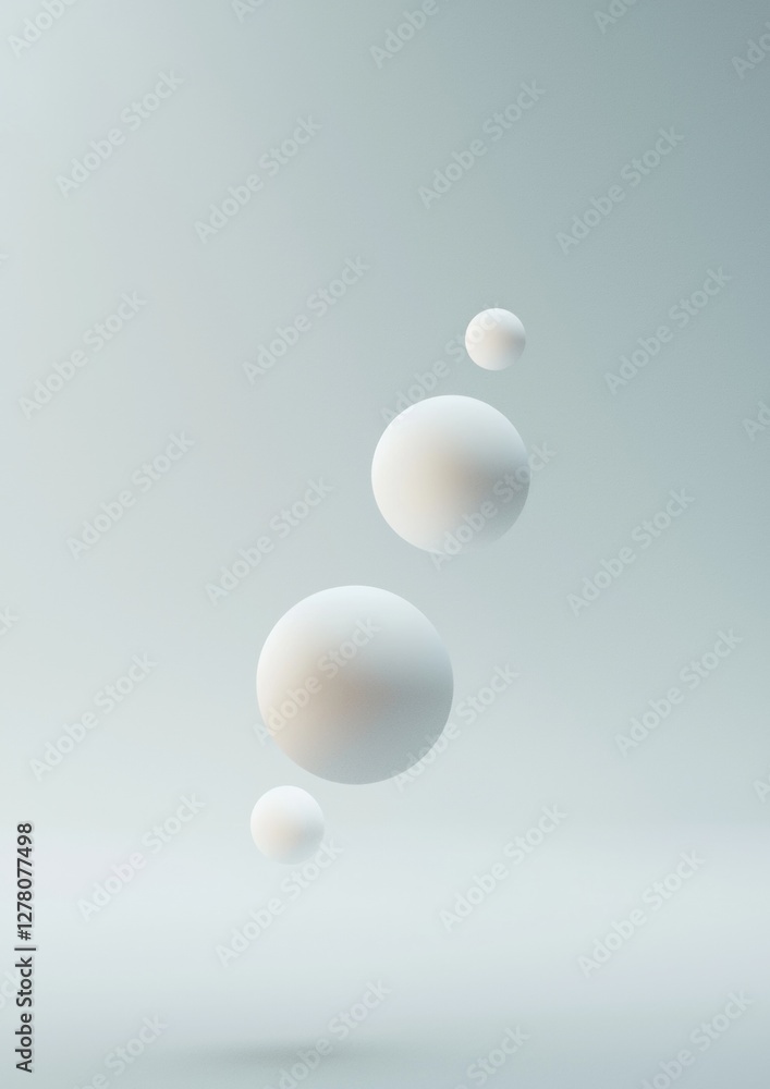 Poster three white spheres floating in the air against a light blue background. the spheres are of differen