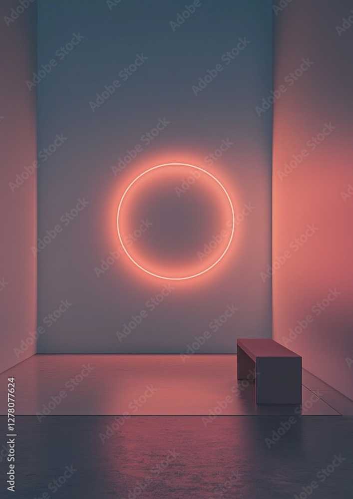 Poster empty room with a large circular light fixture in the center. the light fixture is made up of a seri