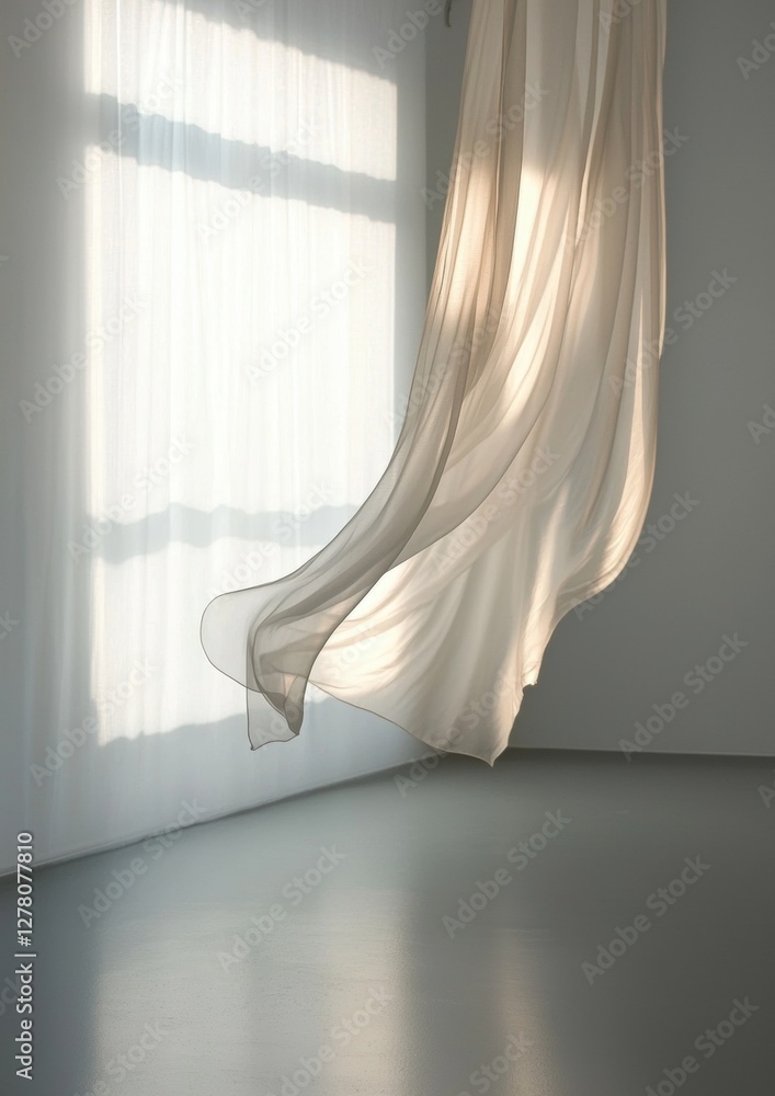 Poster empty room with a large window on the left side. the window is covered with sheer white curtains tha