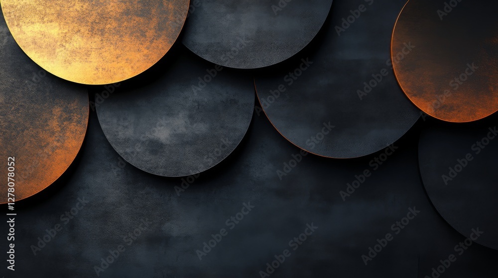 Poster metallic circles overlapping displaying beautiful golden and dark tones