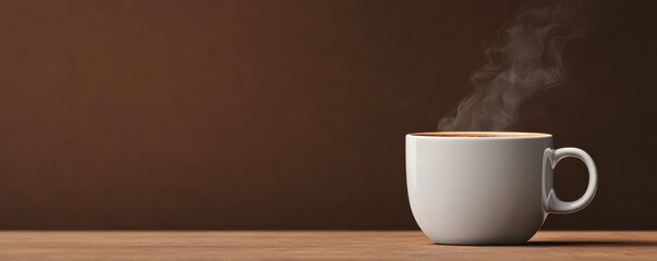 A steaming cup of coffee on a rustic wooden table.