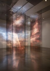 Empty room with three glass walls that are reflecting the light from the ceiling. the walls are painted in a gradient of orange, pink, and blue, creating a beautiful nebula-like effect.