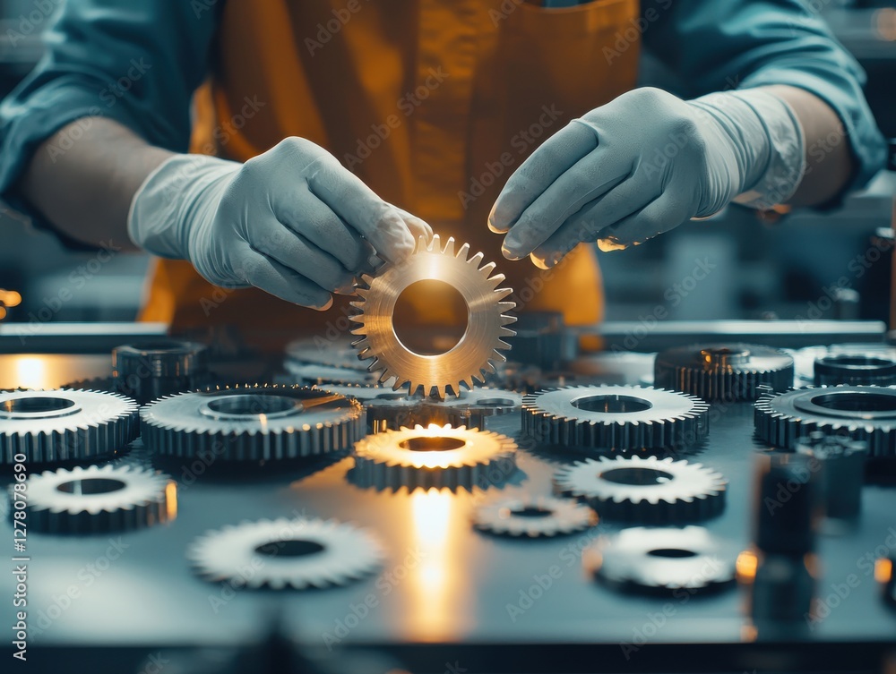 Poster a worker assembling mechanical gears with precision and focus.