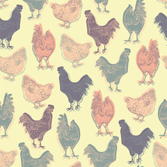 Various hens and cocks seamless pattern, hand-drawn illustration