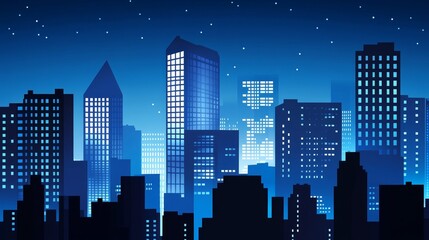 Naklejka premium Nighttime city skyline with illuminated buildings under a starry sky, creating a vibrant urban atmosphere
