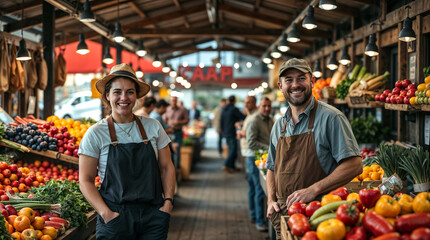farmer&rsquo;s market, colorful produce, smiling farmers in simple clothing, cheerful mood