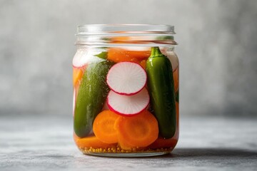 Colorful jar filled with assorted pickled vegetables showcasing