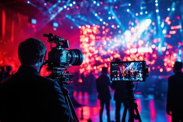 Videographer Films Vibrant Event with Professional Camera Equipment,  Capturing the Energy of the Show Live on Location