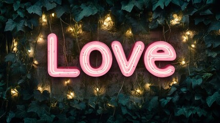 Pink Neon Love Sign with Glowing Lights and Ivy