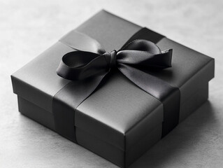 Elegant black gift box with ribbon on gray surface