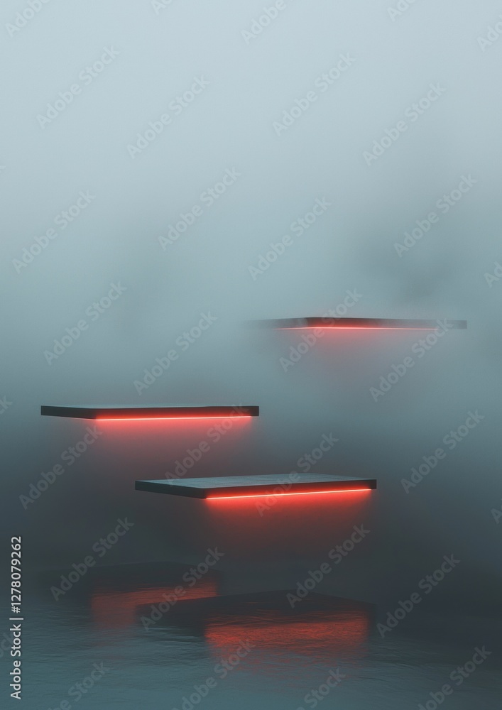 Poster three rectangular shelves floating on a body of water. the shelves are arranged in a triangular form