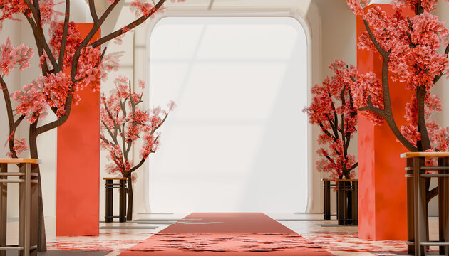 Luxury event background with red carpet, cherry blossom decorations, modern interior, text placement backdrop, bright lighting, stylish architecture, festive design, 3d rendering