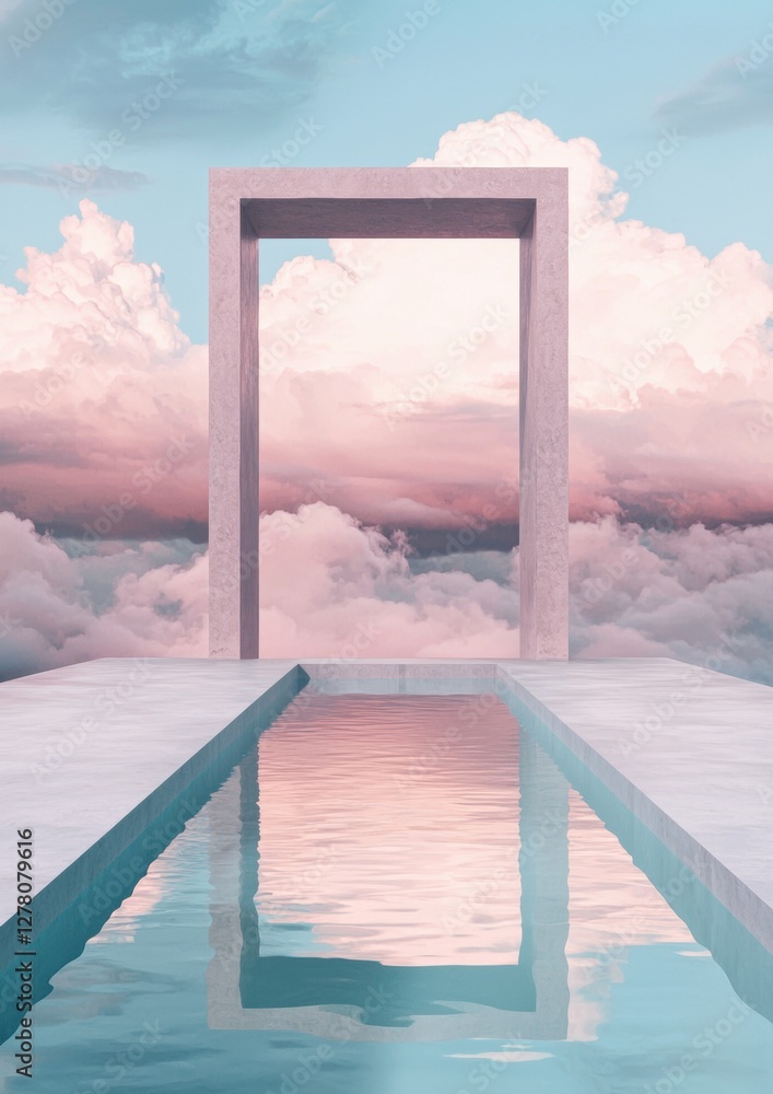 Poster digital art piece that appears to be a surreal landscape with a pool of water in the foreground. the
