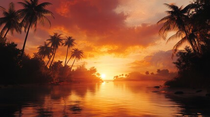 Obraz premium Beautiful sunset over a tropical river with palm trees silhouetted in the foreground