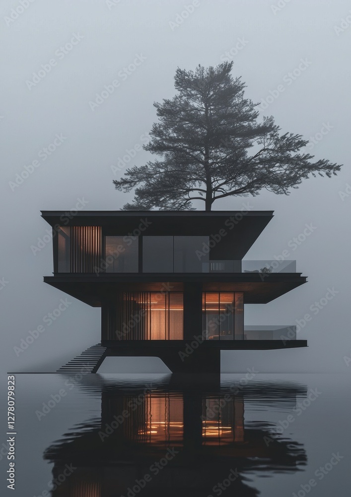 Poster digital rendering of a modern house on a body of water. the house is a two-story structure with a fl