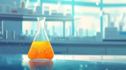 Orange chemical solution in glass flask against blue laboratory background, science experiment in chemistry school lab with scientific equipment


