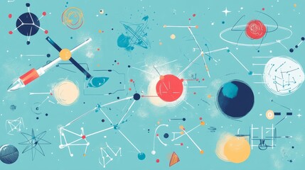 Physics and chemistry abstract background with scientific diagrams, mathematical equations, and laboratory tools on light blue surface, hand-drawn science and technology illustration


