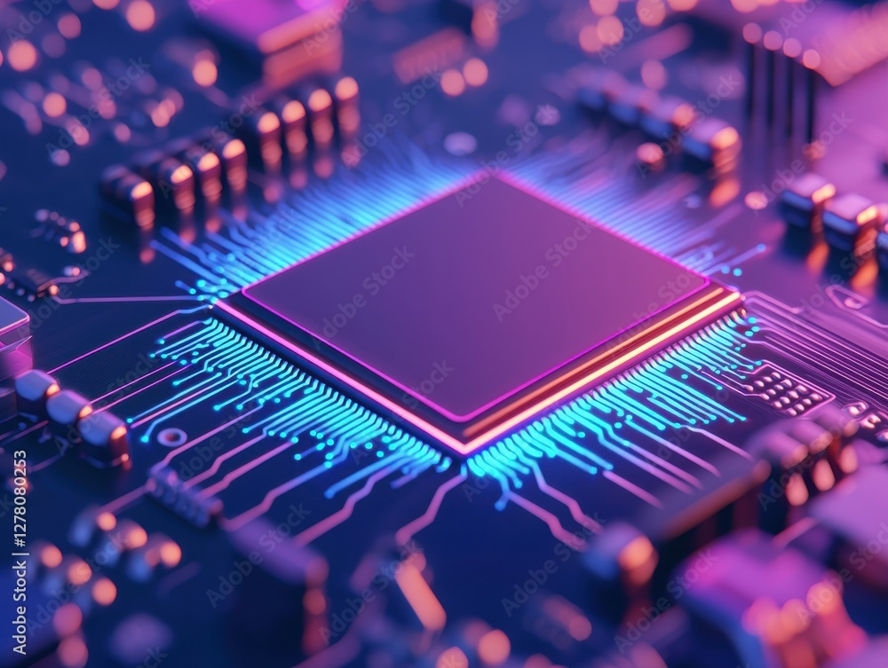 Poster close-up of a vibrant microprocessor on a circuit board.