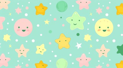Fototapeta premium Cute cartoon stars, circles, and moons pattern on teal background