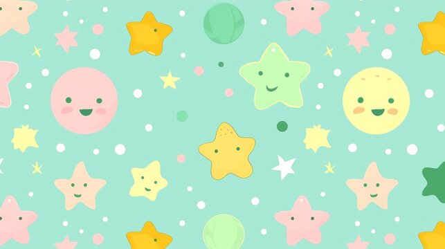 Fototapeta Cute cartoon stars, circles, and moons pattern on teal background