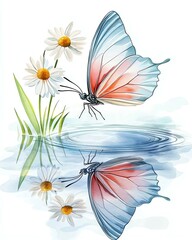 Splash photography masterpieces A vibrant butterfly reflecting on water with daisies in a serene natural setting.