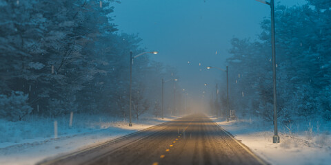 Winter road with snow covered trees on both sides, illuminated by streetlights at dusk, creating serene and peaceful atmosphere in forest