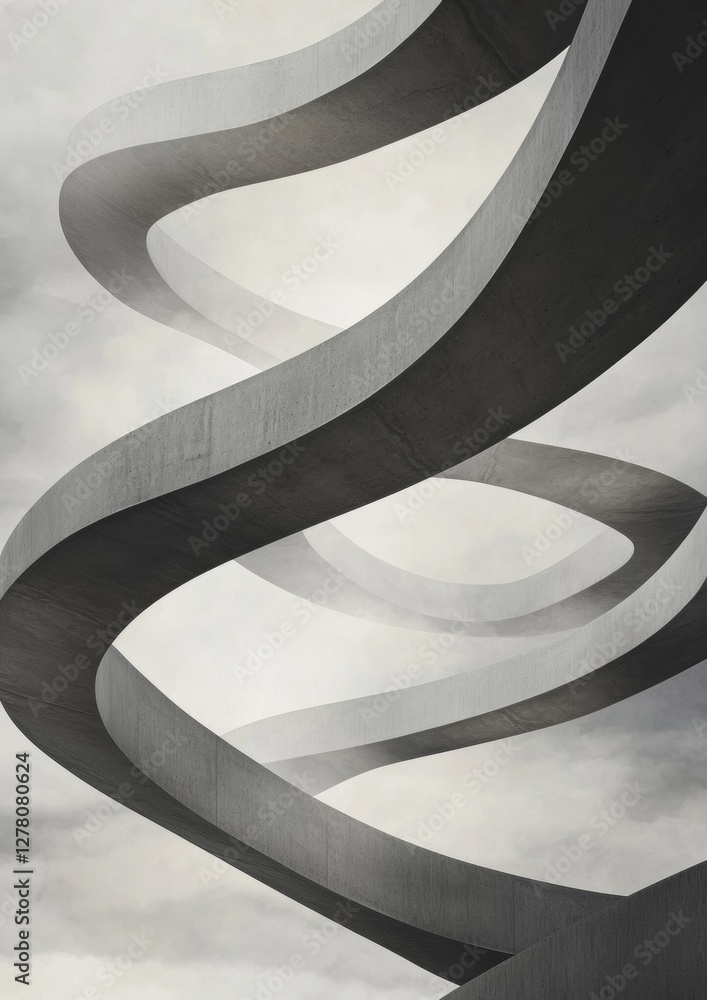 Poster black and white photograph of a spiral staircase. the staircase is made up of multiple layers of cur