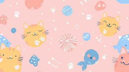 Cute cat faces, playful pattern, pink background, colorful toys