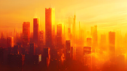Fototapeta premium Orange Cityscape at Sunset: A Skyline of Silhouette and Warmth in Harmony with Nature's Evening Glow