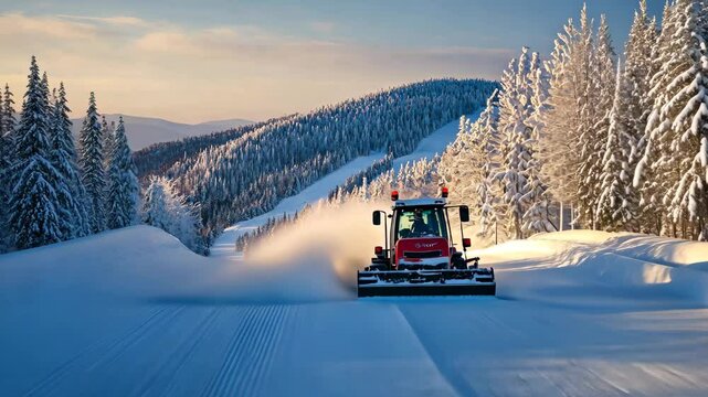 Snow groomer prepares pristine ski slopes in winter landscape with mountains and trees