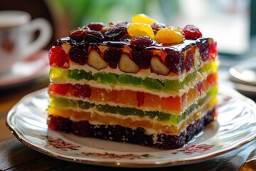 Delicious fruit cake layered with vibrant dried fruits, nuts, and a rich, moist texture for a festive treat.