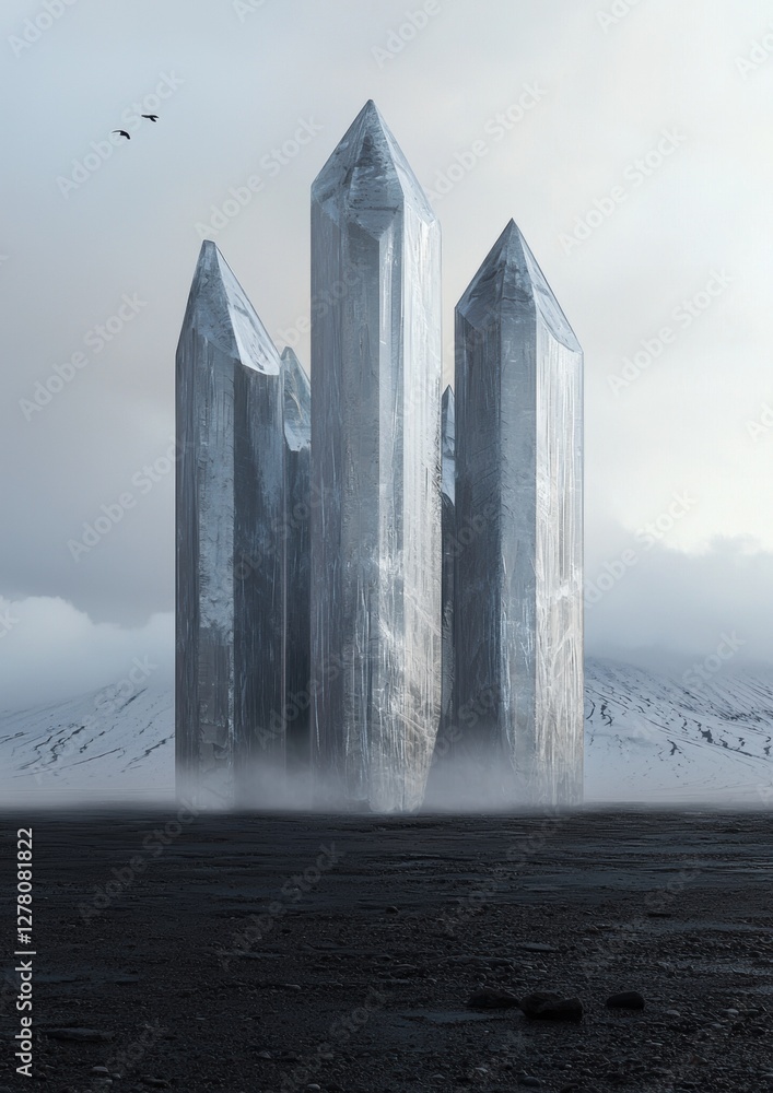Poster three tall, crystal-like structures standing in the middle of a barren landscape. the structures app
