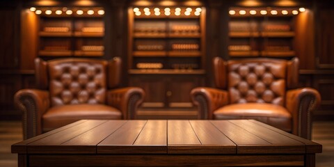 A dark wooden tabletop in a classic cigar lounge with tufted leather chairs and a warm ambiance. Ideal for luxury, whiskey, and classic lifestyle themes.