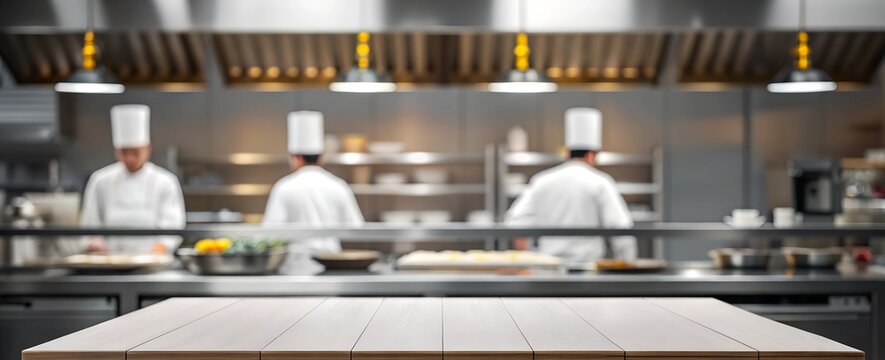 A wooden tabletop in a busy restaurant kitchen with chefs preparing food in the background. Great for culinary, gastronomy, and restaurant-related content.